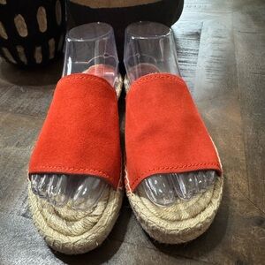 Coach Claudia espadrille slide sandals in deep coral suede SZ 9B